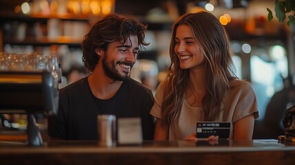 Happy couple paying the bill of the coffee shop using a contactless creditcard payment Young adult customer woman doing a purchase on a restaurant to the cashier with a debit card Peop : Generative AI