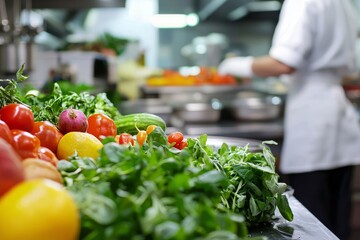 Wall Mural - Fresh produce being delivered and arranged in a restaurant’s kitchen. Focus on vibrant vegetables and fruits, Generative AI