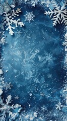 Fototapete - Light blue background with snowflakes and white borders of various sizes and shapes on the edges
