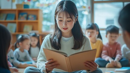 Poster - Kindergarten teacher and reading a story to children in montessori school classroom and learning Kids fairytale and woman teaching language in fantasy with creativity in preschool educ : Generative AI