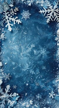 Light blue background with snowflakes and white borders of various sizes and shapes on the edges