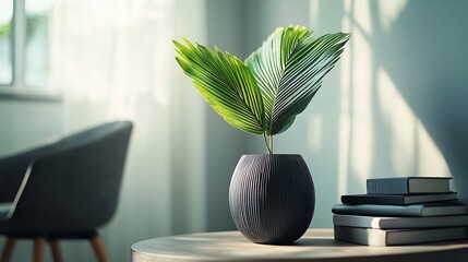 Minimalist composition of elegant home office space with design chair black vase with leaf sculpture book and personal accessories Copy space Minimalist home decor Template : Generative AI