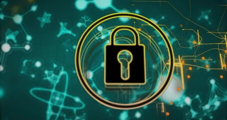 Poster - Lock symbol animation over abstract digital background with molecular structures