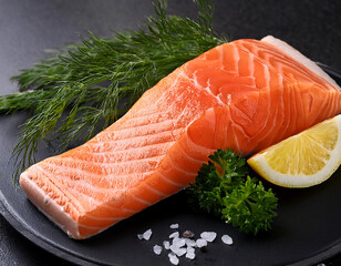 A fresh and vibrant salmon steak garnished with herbs on a plate