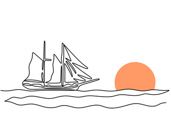 Wall Mural - Minimalist Continuous Line Art of a Sailing Ship and Sunset