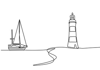 Wall Mural - Minimalist Continuous Line Art of Sailing Ship and Lighthouse Nautical Scene