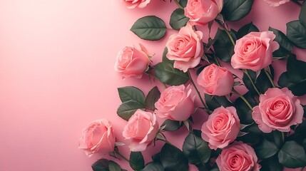 Poster - Romantic holiday flat lay March 8 Womens Day Valentines Day preparation greeting card mock up Gently pink pastel rose flowers bouquet on pink background top view copy space : Generative AI