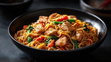 Canvas Print - Stir fry chow mein noodles with pork and vegetable in black bowl asian style food : Generative AI