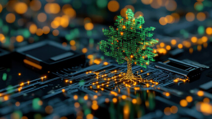 Poster - Digital tree growing from a circuit board, symbolizing the fusion of nature and technology with vibrant glowing elements