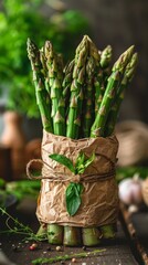 Wall Mural - Fresh green asparagus bundled in brown paper packaging