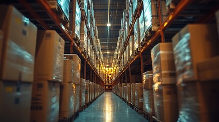 Aufkleber - Rows of shelves with boxes Interior of warehouse : Generative AI