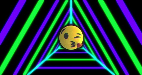 Poster - winking emoji blowing kiss animation over neon green and blue triangular lines