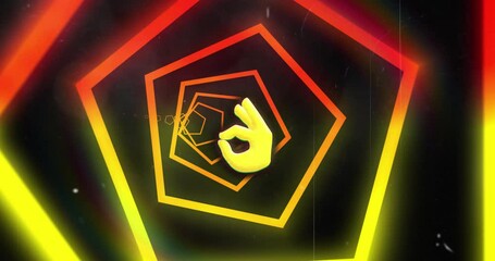 Poster - Hand gesture with OK sign animation over colorful pentagon shapes