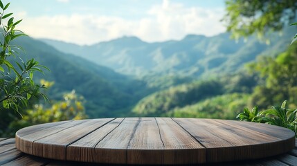 Wall Mural - Surreal wood podium with tropical forest plant blur blue sky montains landscape nature backgroundProduct present natural placement pedestal minimal displaysummer paradise dreamy concep : Generative AI