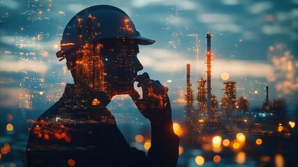 Aufkleber - The double exposure image of the engineer thinking overlays with cityscape image with copy space The concept of engineering construction futuristic and industry : Generative AI