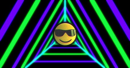 Poster - smiley face with sunglasses animation over neon green and blue triangular lines