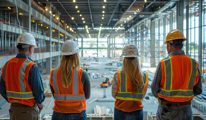 Construction team reviewing progress at an industrial site in daylight. A construction team observes the ongoing work at a large industrial site