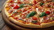 © Generative AI - Pizza with cooked ham mozzarella cheese and vegetables on wooden table : Generative AI