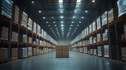 Aufkleber - Warehouse hall with boxes and orders Industrial interior of the hall with lighting Logistics distribution industrial interior with gates The work of the marketplace Distribution center : Generative AI