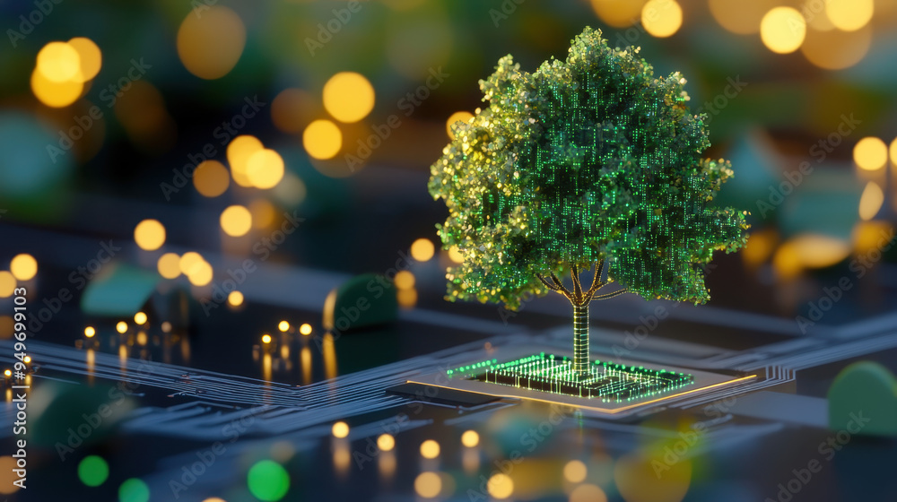 Tree representing nature growing from a digital circuit board with ...