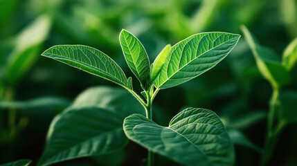 Sticker - Close-up of fresh green soybean plant leaves in a field during the daytime.