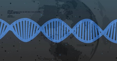 Poster - DNA strand animation over digital world map and binary coding