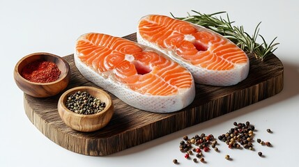 Poster - Wooden board with raw salmon steaks and different spices on white background : Generative AI