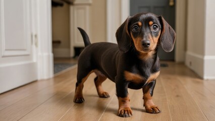 Chocolate and tan smooth haired dachshund dog in the living room