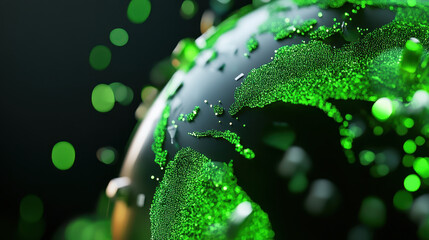 Poster - Abstract representation of Earth with green illuminated particles, symbolizing environmental awareness, sustainability, and global connectivity