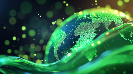 Poster - Abstract representation of a glowing blue and green Earth surrounded by vibrant waves and bokeh lights, symbolizing nature and technology
