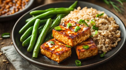 Delicious vegan tofu dish served with green beans and brown rice, garnished with green onions on a rustic wooden table.