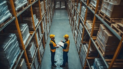 Leinwandbilder - Portrait of engineers workers planning and talking in empty warehouse to design the arrangement of product shelves Team foreman talk details work : Generative AI
