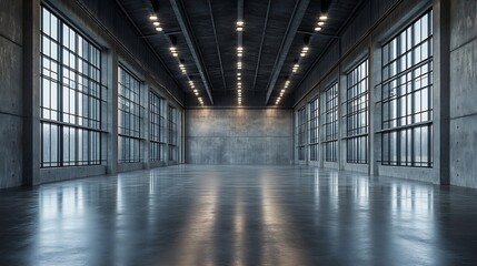 Poster - empty interior of large concrete room as warehouse or hangar with spotlights : Generative AI