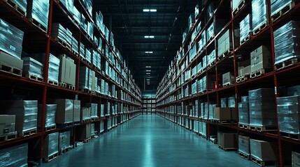 Poster - Large storage warehouse There is a walkway in the middle between the shelves : Generative AI