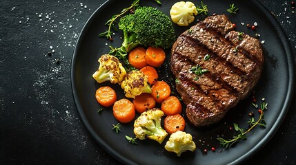 Poster - Delicious fresh beef and vegetables carrots broccoli cauliflower on a black plate on a dark concrete background : Generative AI
