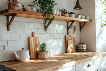 kitchenware counters, walls, and shelves with a modern Japandi minimal style, emphasizing a clean and light serene aesthetic: