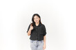 © Sino Images Studio - Young Asian woman showing thumbs up, okay or agree concept wearing Black t-shirt and jeans isolated on white background