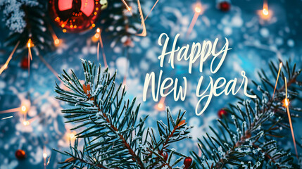 Poster - Snow-covered christmas tree branch with sparkling lights and a red ornament in the background, spreading new year cheer