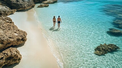 Wall Mural - Tres Trapi Steps Triple Steps Beach Aruba completely empty Popular beach among locals and tourists crystal clear ocean Aruba Caribbean couple man and woman in a crystal clear ocean : Generative AI