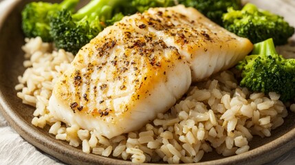 Grilled fish fillet served on a bed of brown rice with steamed broccoli. A healthy and delicious meal option.