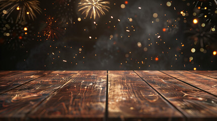 Poster - New year's eve fireworks sparkling on an empty wooden tabletop against a blurred night background