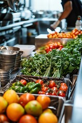Wall Mural - Fresh produce being delivered and arranged in a restaurant’s kitchen. Focus on vibrant vegetables and frui, Generative AI
