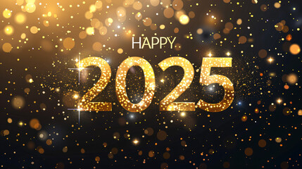 Poster - Sparkling glitter effect new year 2025 greeting on a dark background with bokeh