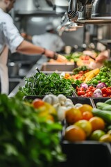 Wall Mural - Fresh produce being delivered and arranged in a restaurant’s kitchen. Focus on vibrant vegetables and frui, Generative AI