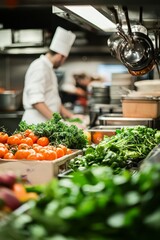 Wall Mural - Fresh produce being delivered and arranged in a restaurant’s kitchen. Focus on vibrant vegetables and frui, Generative AI