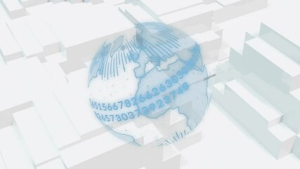 Poster - Rotating globe with numbers and lines animation over abstract white geometric shapes