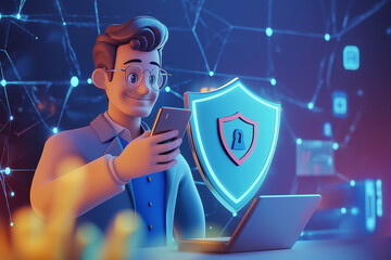 Wall Mural - 3D cartoon of businessman protect data personal information on phone and computer. Cyber security network concept