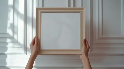 Aufkleber - Cropped vertical view of woman hands hanging beige picture frame with copy space Female hold blank poster against white wall Art placard in room Concept of home decor : Generative AI
