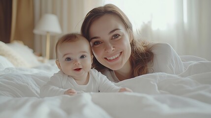 mom and baby play and rejoice in a bright white room on the bed a mother with a small child hugs and kisses happy motherhood with maternity leave lifestyle : Generative AI