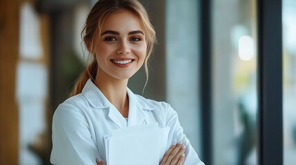 Aufkleber - satisfied young woman with wide toothy smile wearing a white coat holding documents and standing armcrossed medium shot business concept studio shot copy space High quality photo : Generative AI